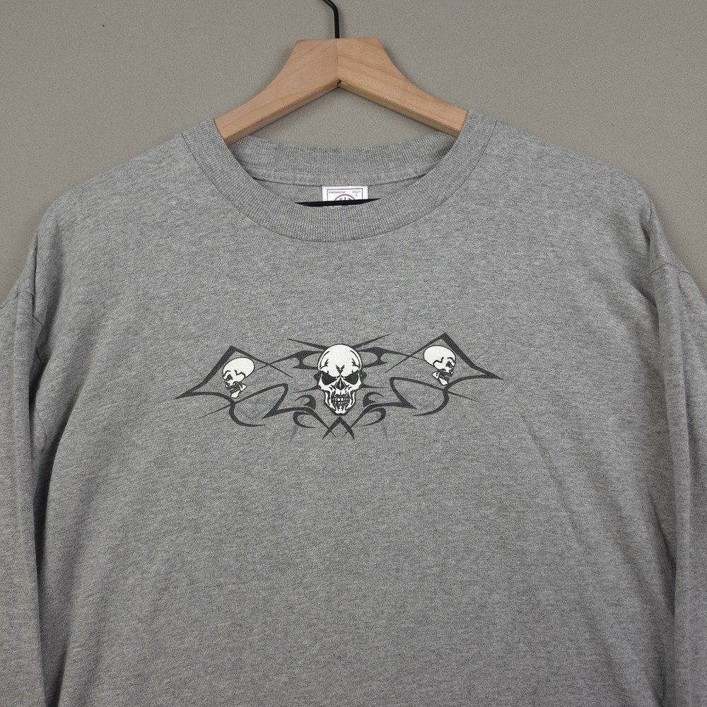 Delta Pro Weight Mens L Grey Tribal Skulls Graphic Long Sleeve Shirt Vintage Tee